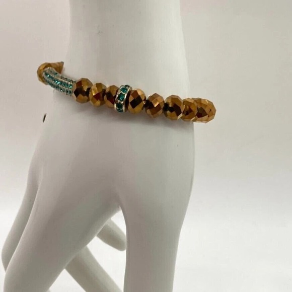 APT. 9 Gold Tone Stretch Bracelet with Faceted Beads & Green Pave Cross Charm - Picture 11 of 13